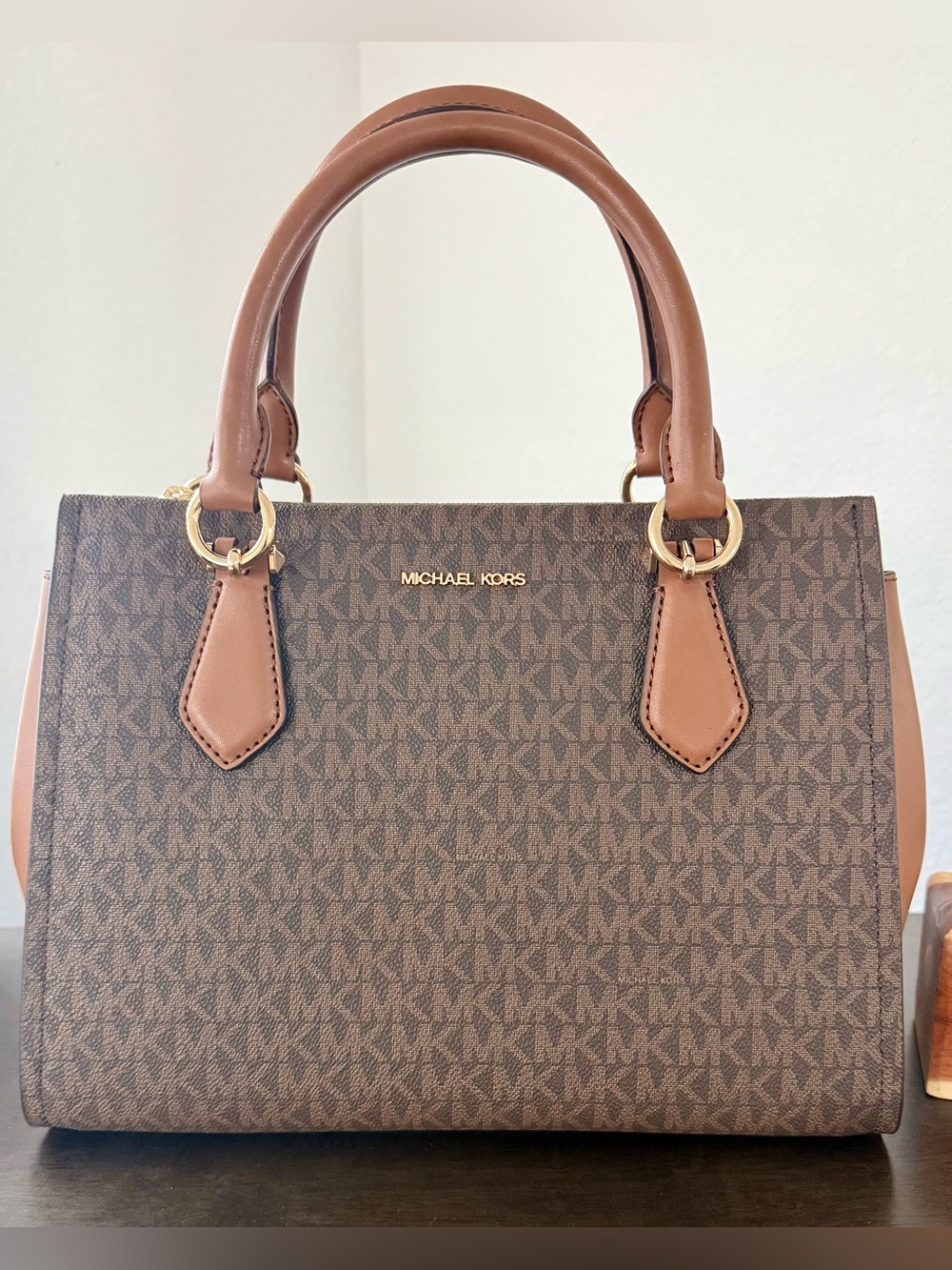 NWT Michael Kors Marilyn Medium Brown MK Monogram Satchel with Tan Handles
